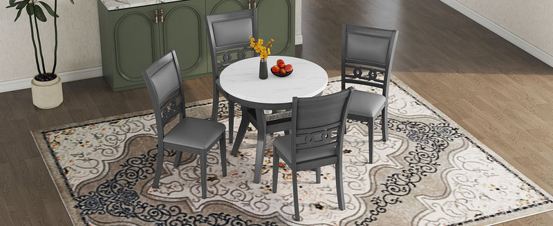 5 Piece Dining Round Table Set With One Faux Marble Top Dining Table And Four Pu-Leather Chairs - Gray