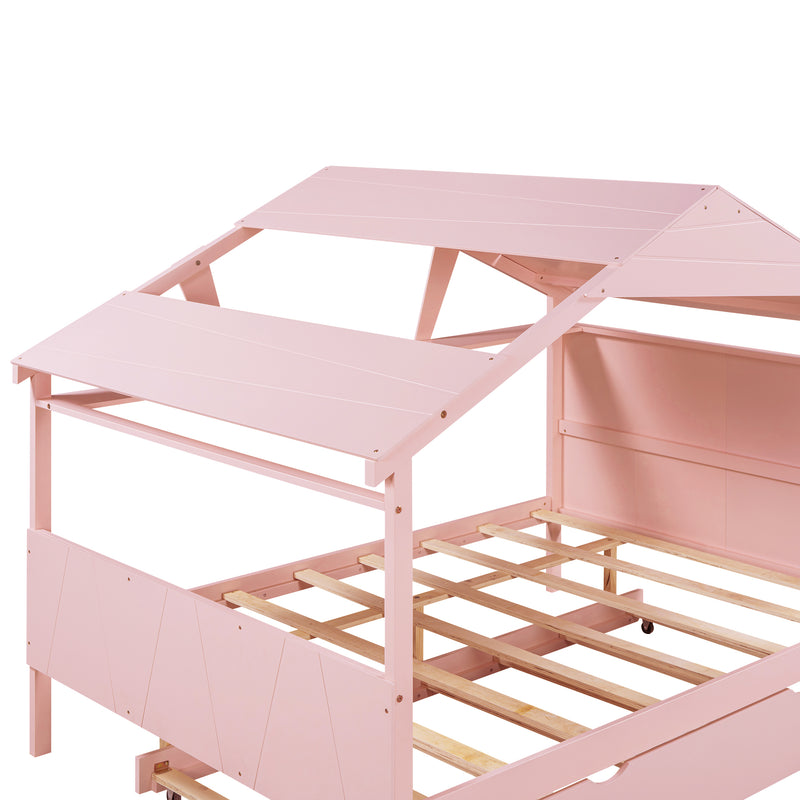 Wood Full Size House Bed with Twin Size Trundle and Storage, Pink