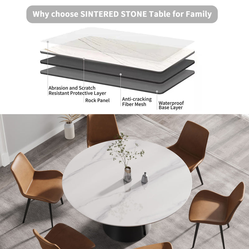 59.05" Modern Artificial Stone Round Carbon Steel Base Dining Table - White / Black