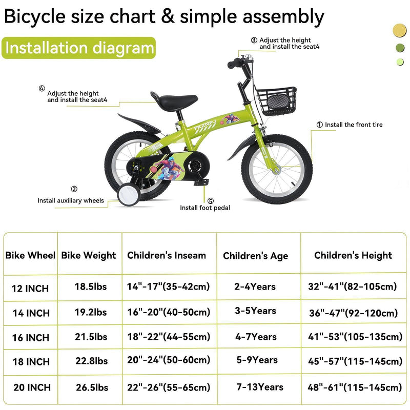 Fkznpj - 18" Sporty Kids Bike With Training Wheels And Stand Adjustable Saddle Suitable For Boys And Girls Aged 5 - 10 Years Tall Height 39 - 49" Available In A Variety Of Colors