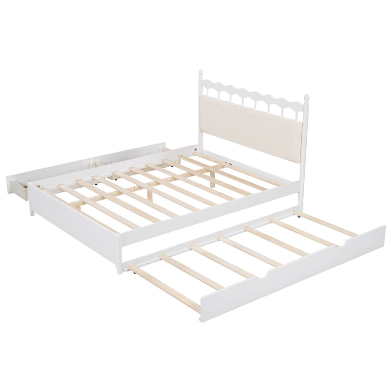 Queen Size Wooden Storage Platform Bed, with 2 Big Drawers, T Size Trundle, White