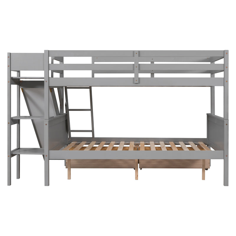 Twin over Full Bunk Bed with 2 Drawers,Slide,Shelves Grey