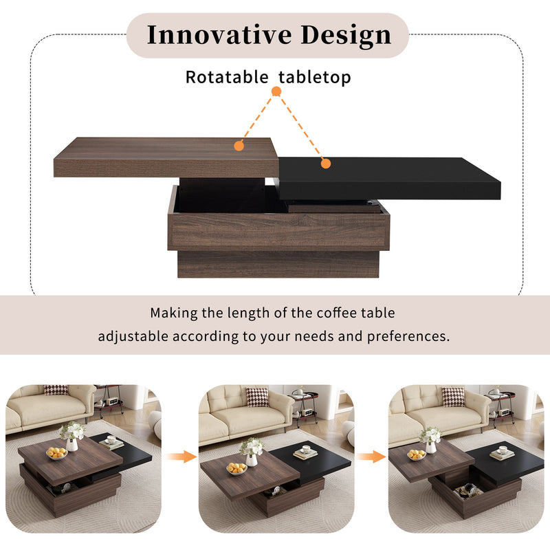 Rotatable Top Coffee Table, Modern Square Coffee Table With Wood Grain Design, 1 Hidden Storage Space For Living Room