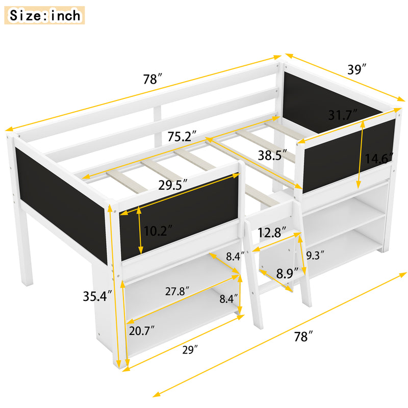 Twin Size Low Loft Bed with Two Movable Shelves and Ladder,with Decorative Guardrail Chalkboard,White(Old SKU: WF283286AAK)