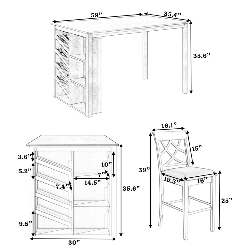 Topmax - 5 Piece Updated Counter Height Solid Wood Dining Table Set, Table With Curved Wine Rack And 4 Upholstered Chairs