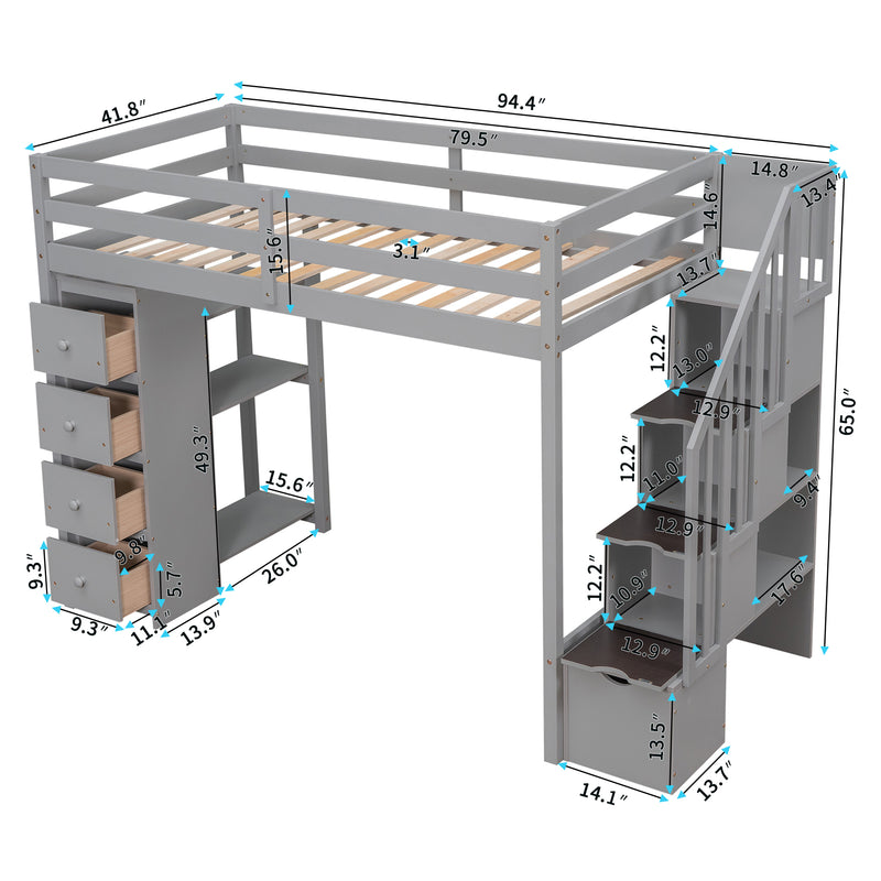 Twin size Loft Bed with Storage Drawers and Stairs, Wooden Loft Bed with Shelves - Gray