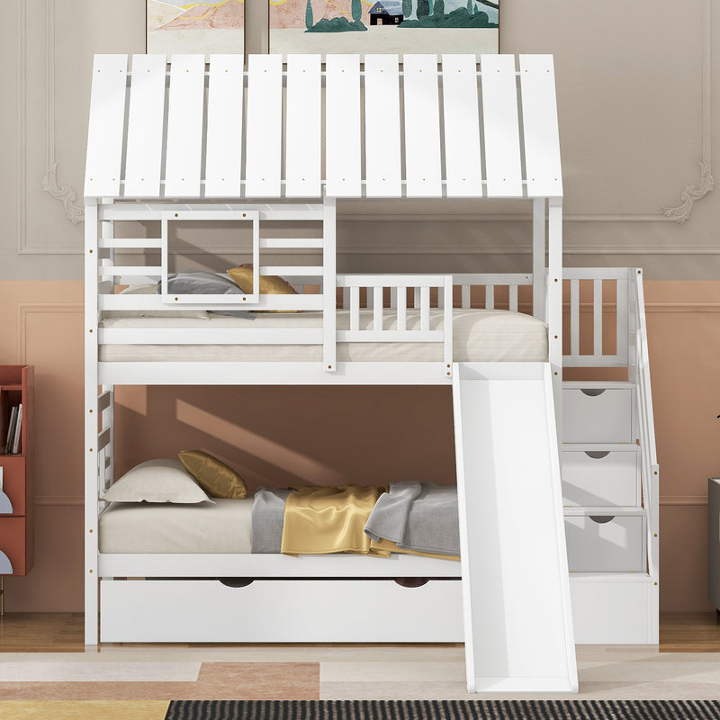 Twin over Twin House Bunk Bed with Trundle and Slide, Storage Staircase, Roof and Window Design, White(Old SKU: GX000931AAK)