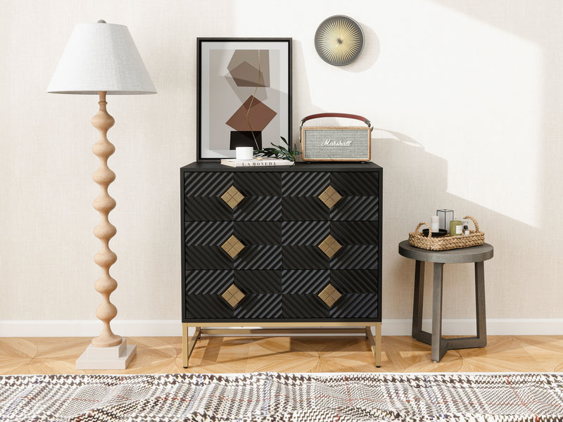 3 Drawer Storage Cabinet, 3 Drawer Modern Dresser, Chest Of Drawers With Decorative Embossed Pattern Door For Entryway, Living Room, Bed Room - Black