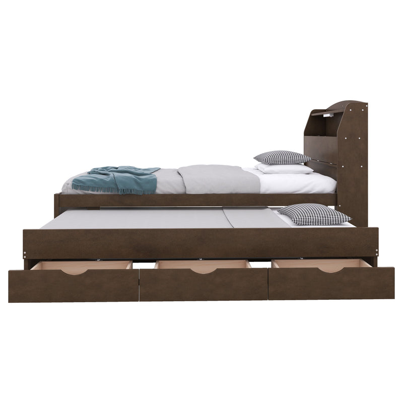 Wooden LED Platform Bed With Trundle, With Storage Headboard, With Drawers