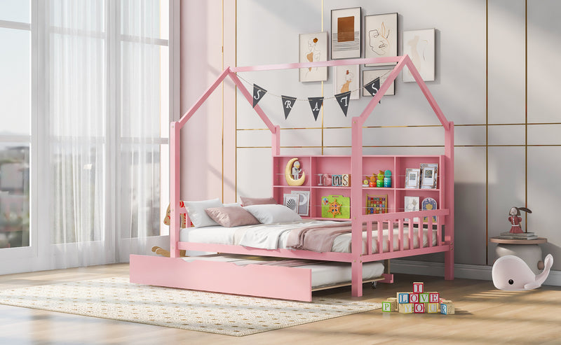 Wooden Full Size House Bed with Trundle,Kids Bed with Shelf,Pink