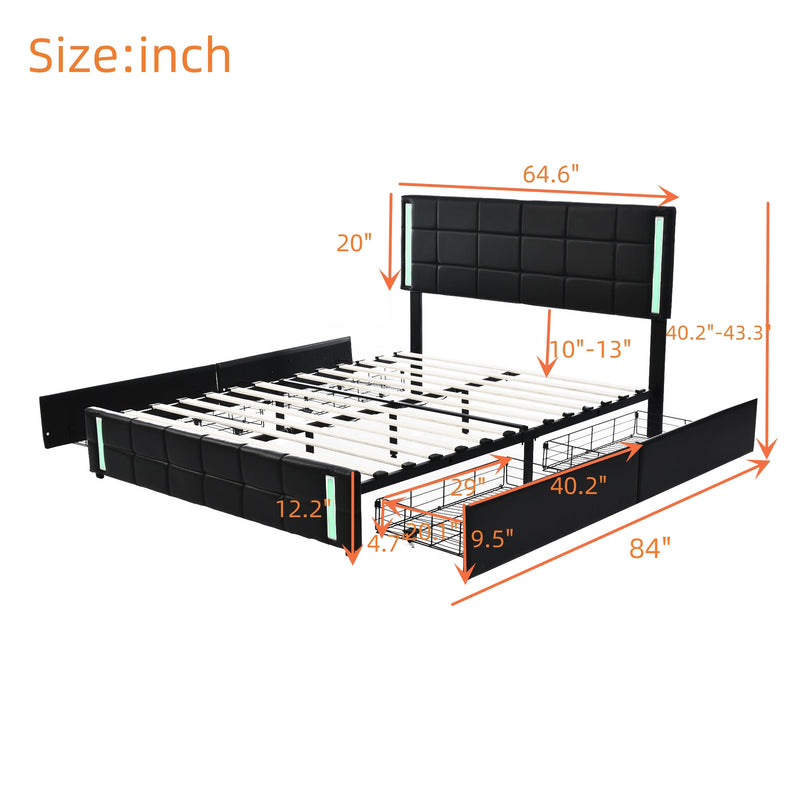 Queen Size Upholstered Platform Bed with LED Lights and USB Charging, Storage Bed with 4 Drawers, Black(Old SKU:WF302558AAB)