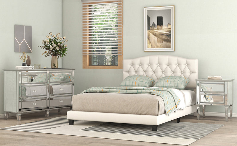 Upholstered Platform Bed with Saddle Curved Headboard and Diamond Tufted Details, King, Beige