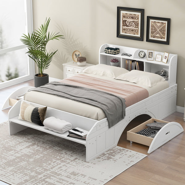 Wood Full Size Platform Bed with 2 Drawers, Storage  Headboard and Footboard, White