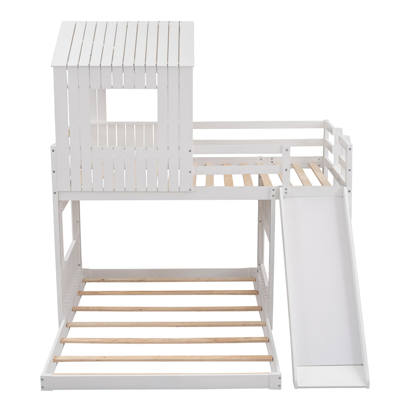 Wooden Twin Over Full Bunk Bed, Loft Bed with Playhouse, Farmhouse, Ladder, Slide and Guardrails, White(OLD SKU :LT000028AAK)