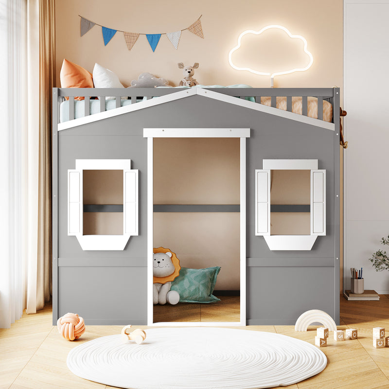 Twin Size House Loft Bed With Ladder-Gray+White Frame