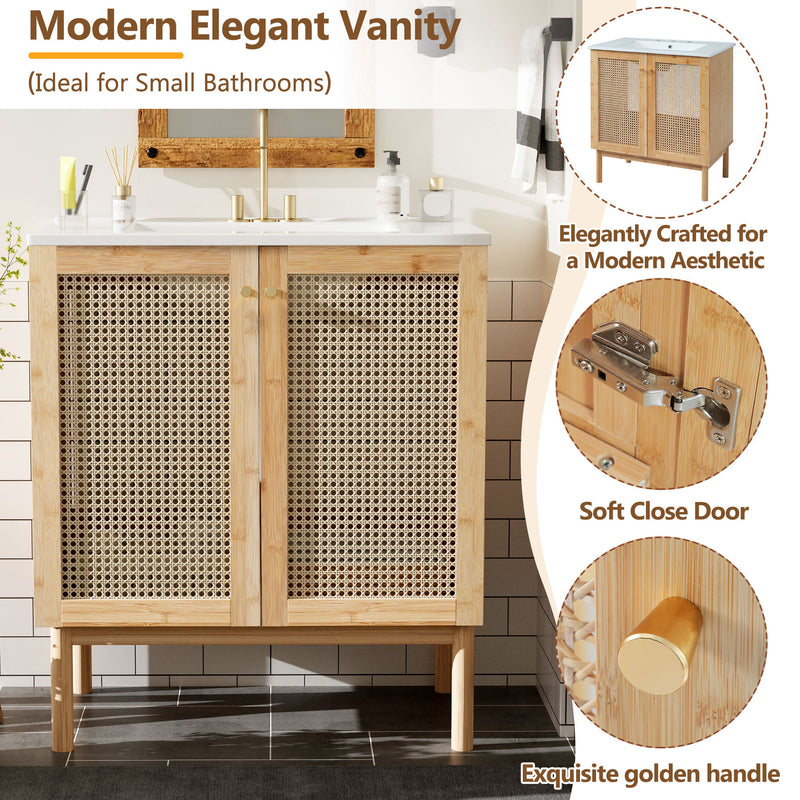 Bathroom Vanity Crafted From Natural Materials, Featuring Handmade Rattan Doors And Soft-Closing Mechanisms - Light Brown