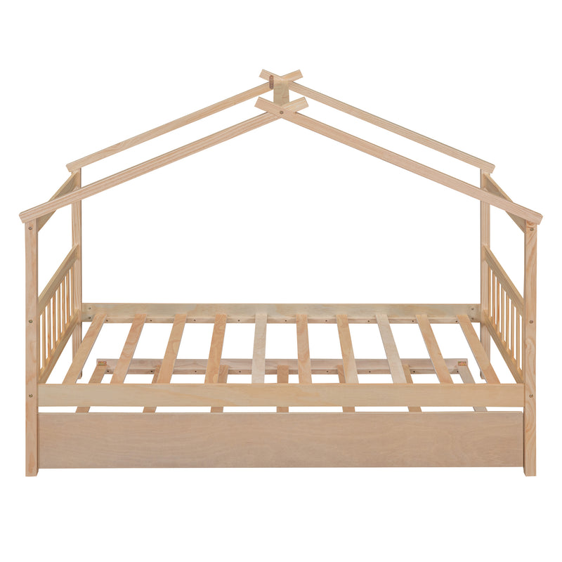 Twin Size Wooden House Bed with Twin Size Trundle, Natural