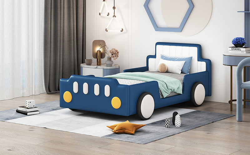 Twin Size Race Car-Shaped Platform Bed with Wheels,Blue