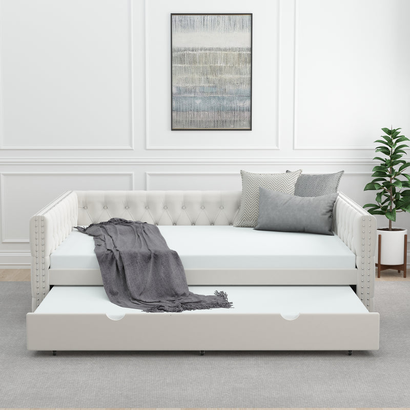 Daybed with Trundle Velvet Upholstered Tufted Sofa Bed, with Button and Copper Nail onSquare Arms,Full Daybed & Twin Trundle-  For Bedroom, Living Room, Guest Room,(83"x57"x26")