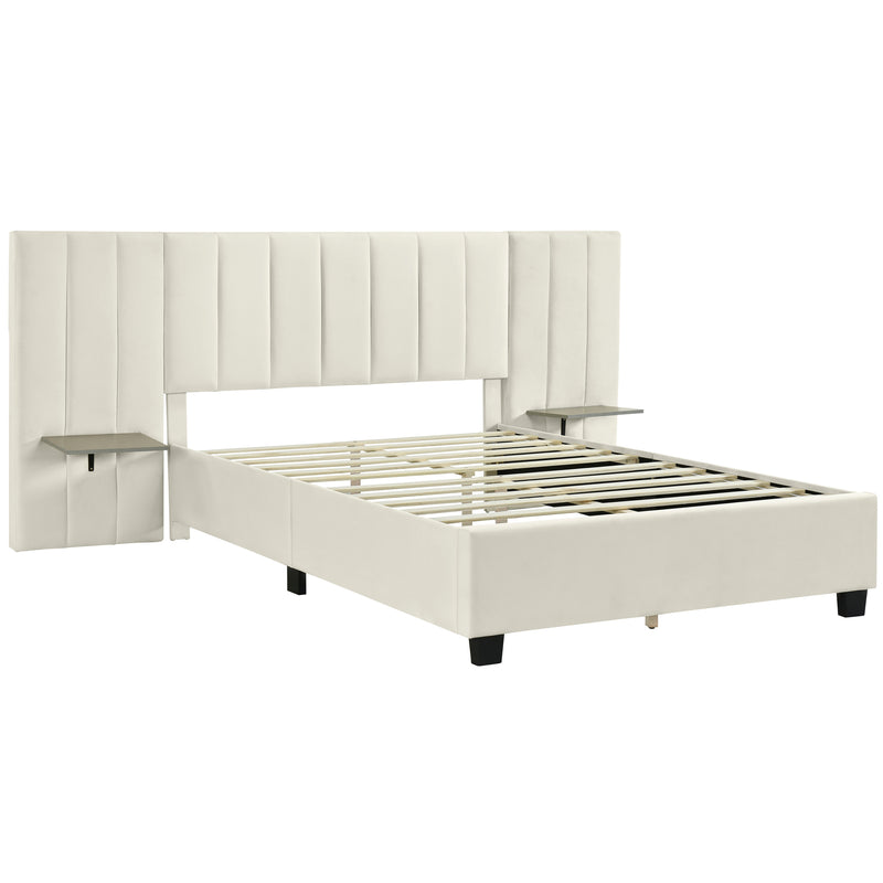 Queen Size Upholstered Platform Bed with Big Headboard, Bedroom Furniture, Velvet, Beige