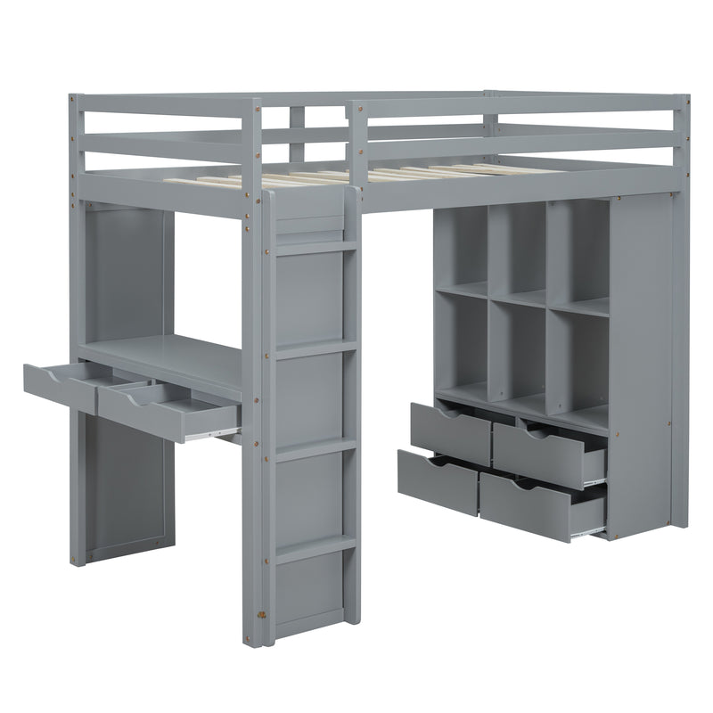 Twin Size Loft Bed with large shelves, writing desk and LED Light, Gray