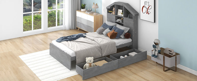 Twin Size Wood Platform Bed with House-shaped Storage Headboard and 2 Drawers, Gray