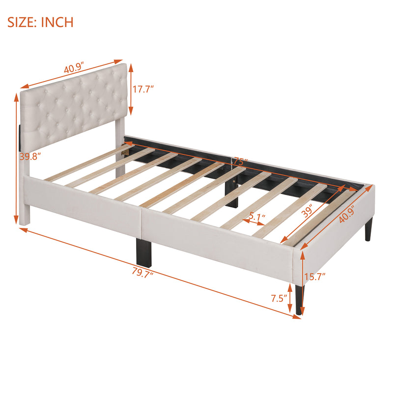 Upholstered Linen Platform Bed, Twin Size, Beige