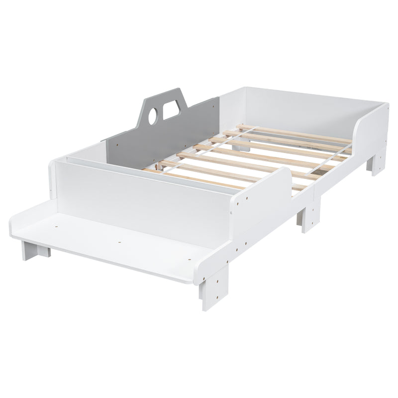 Car-Shaped Twin Wood Bed with Bench,White