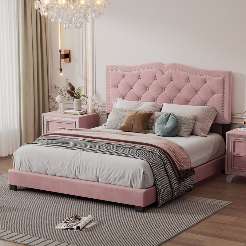 Queen Size Upholstered Bed Frame with Rivet Design, Modern Velvet Platform Bed with Tufted Headboard,Pink