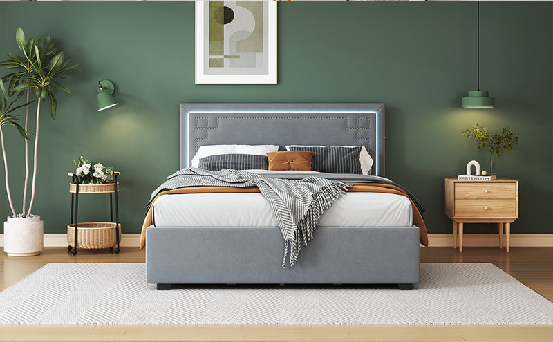 Queen Size Upholstered Platform Bed with Rivet-decorated Headboard, LED bed frame and 4 Drawers, Gray