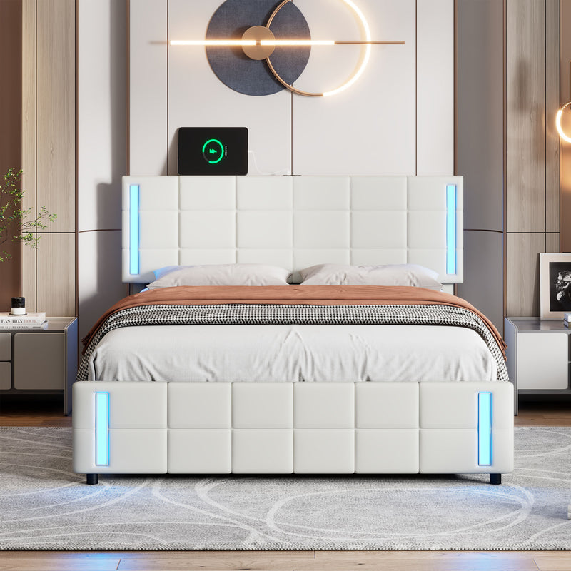 Queen Size Upholstered Platform Bed with LED Lights and USB Charging, Storage Bed with 4 Drawers, White