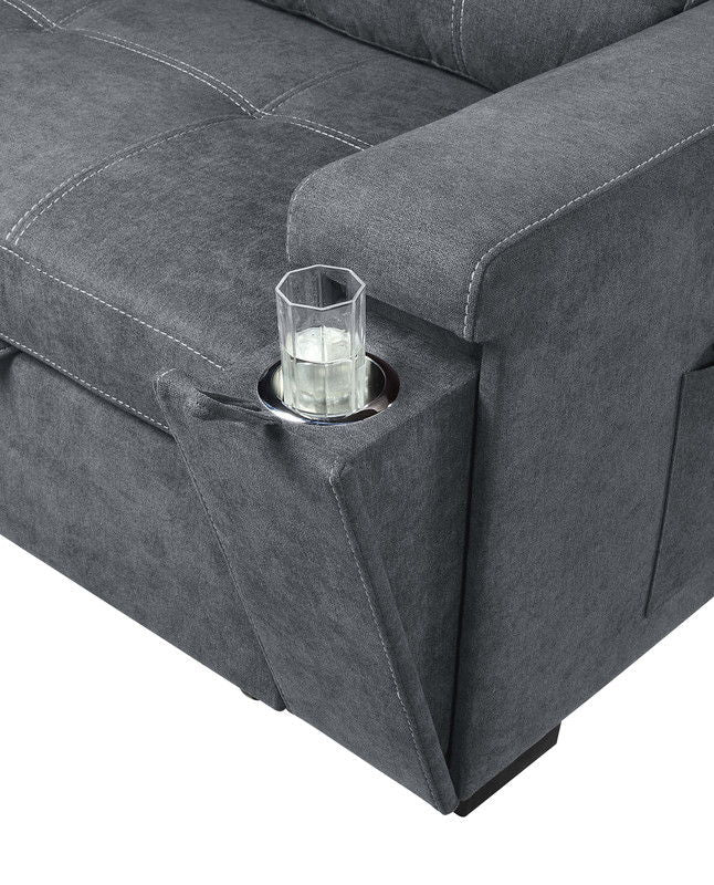 Toby - Woven Fabric Reversible Sleeper Sectional Sofa With Storage Chaise Cup Holder Charging Ports And Pockets