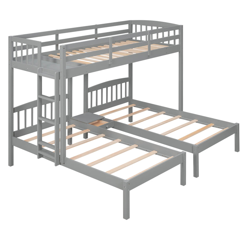 Twin over Twin & Twin Bunk Bed with Built-in Middle Drawer, Gray