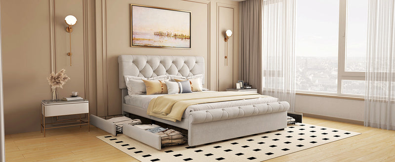 Queen size Upholstered Platform bed with Four Drawers, Antique Curved Headboard, Linen Fabric, Beige (without mattress)