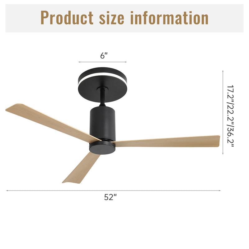 Modern Flush Mount Ceiling Fan With Led Light And Remote Control, 3 ABS Blades Noiseless Reversible Dc Motor For Patio Living Room - Matte Black