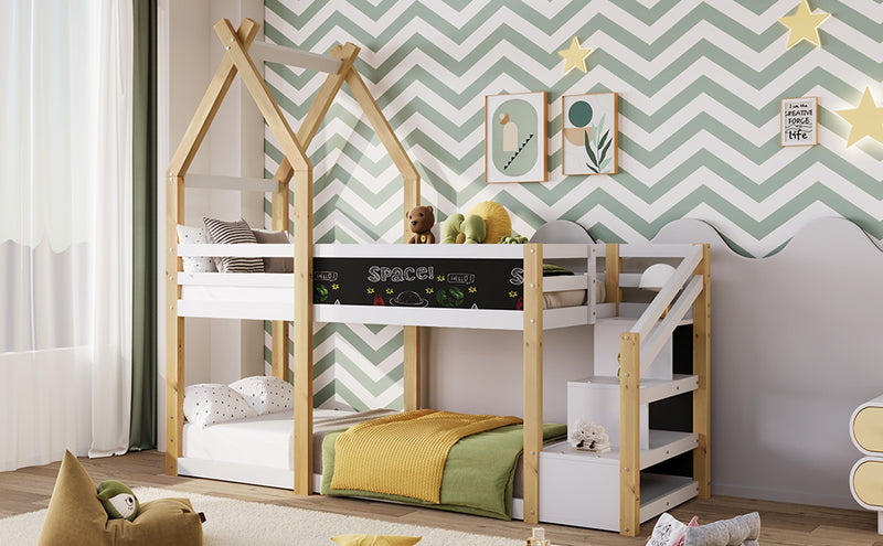 Twin over Twin House Bunk Bed with White Storage Staircase and Blackboard, White and Natural