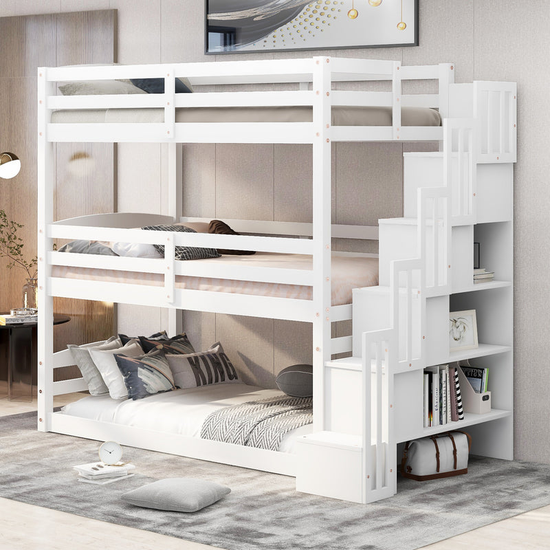 Twin Size Triple Bunk Bed with Storage Staircase,Separate Design,White