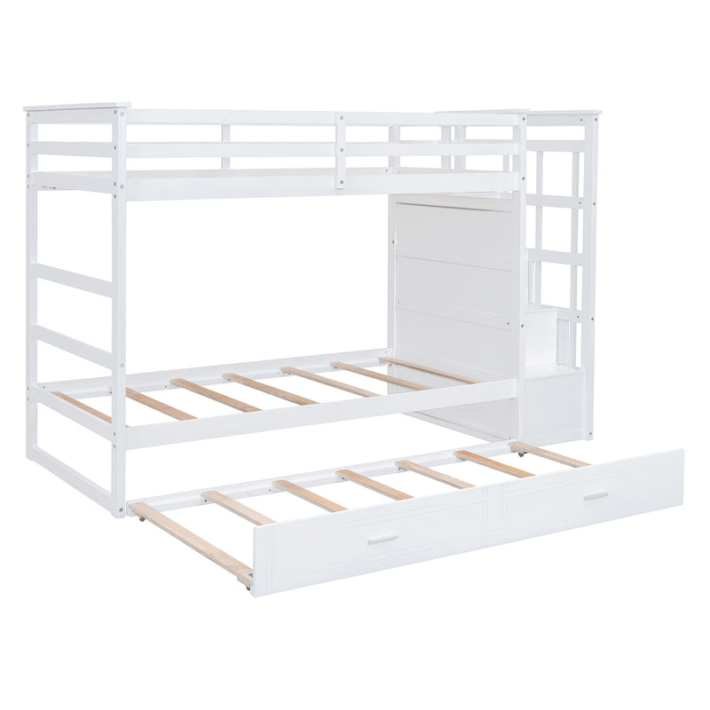 Twin Over Twin Bunk Bed With Trundle And Staircase - White