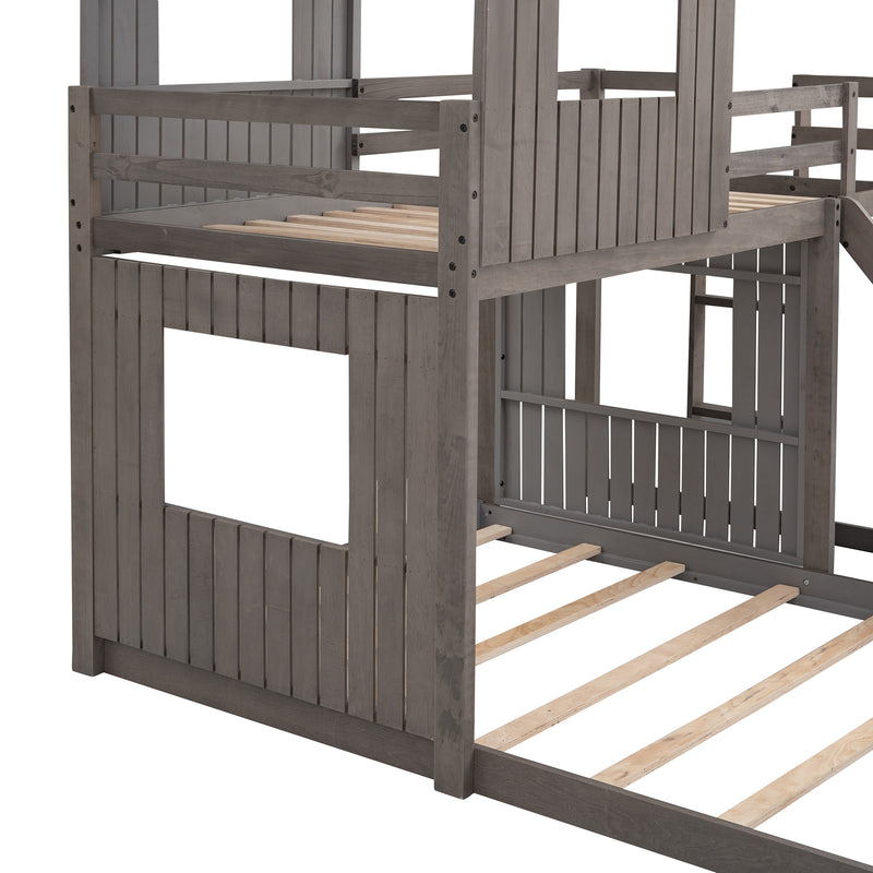 Wooden Twin Over Full Bunk Bed, Loft Bed with Playhouse, Farmhouse, Ladder, Slide and Guardrails, Antique Gray(OLD SKU :LT000028AAE)