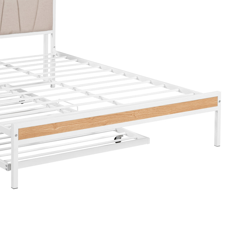 Queen Size Metal Platform Bed Frame with Twin size trundle, Upholstered headboard, Sockets, USB Ports and Slat Support, No Box Spring Needed, White