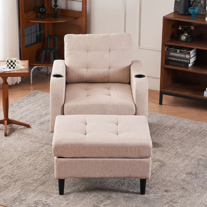 Upholstered Armchair And Storage Ottoman Set, Comfortable Single Sofa With Cup Holders And Tufted Detailing, Ideal For Living Room Or Bedroom