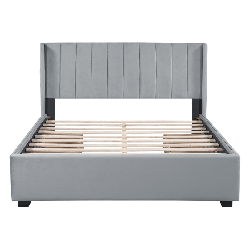 Queen Size Upholstered Bed with 4 Drawers, Gray