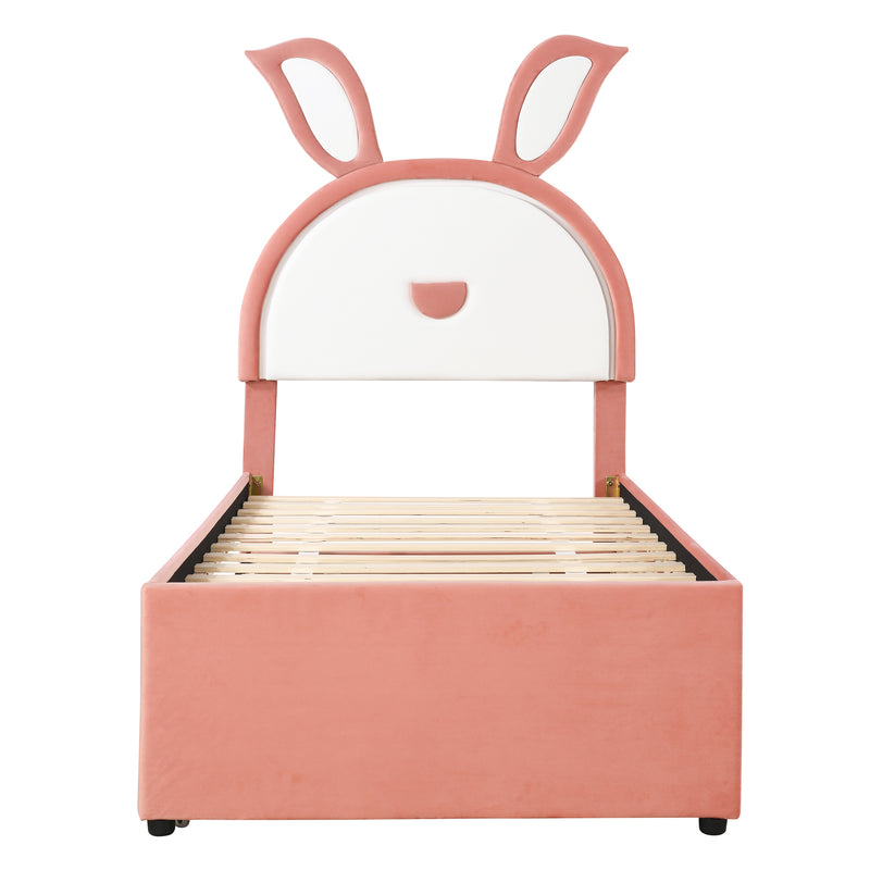 Twin Size Upholstered Platform Bed with Trundle and 3 Drawers, Rabbit-Shaped Headboard with Embedded LED Lights, Pink