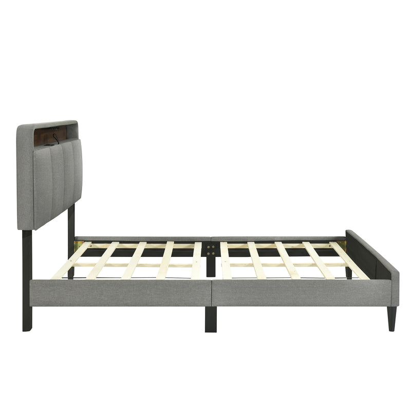 Queen size Upholstered Platform Bed with Storage Headboard, Sensor Light and a set of Sockets and USB Ports, Linen Fabric, Gray