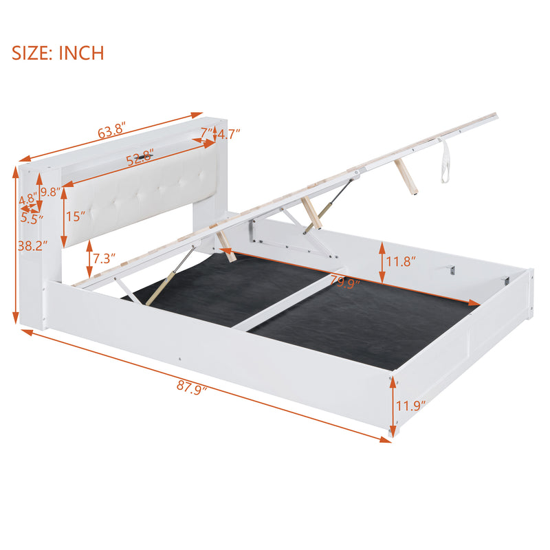 Queen Size Tufted Upholstered Platform Bed  with Storage Headboard and Hydraulic Storage System, Modern PU Storage Bed with Motion Activated Night Lights and USB Charger,White