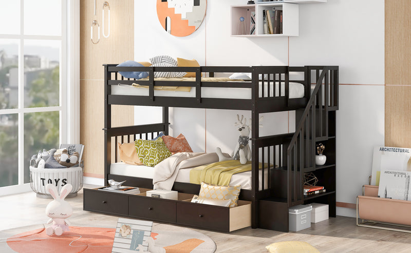 Stairway Twin-Over-Twin Bunk Bed with Three Drawers for Bedroom, Dorm - Espresso(Old sku: LP000309AAP)