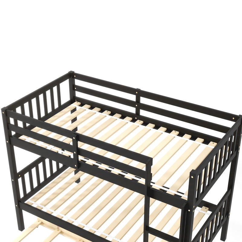 Twin Over Twin Bunk Beds with Trundle, Solid Wood Trundle Bed Frame with Safety Rail and Ladder, Kids/Teens Bedroom, Guest Room Furniture, Can Be converted into 2 Beds,Espresso