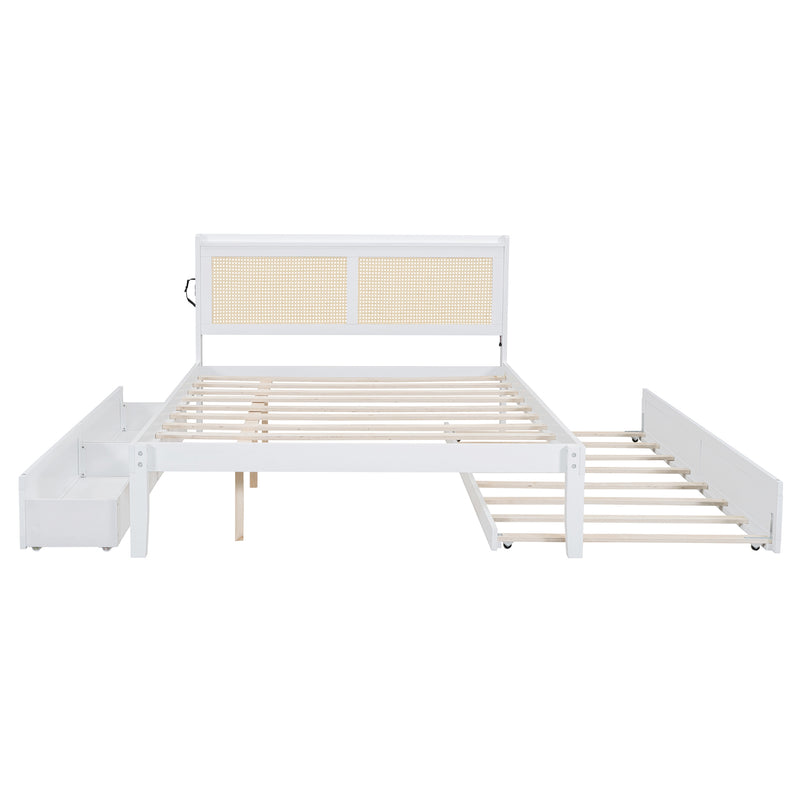 Queen Size Elegant Bed Frame with Rattan Headboard and Sockets ,White