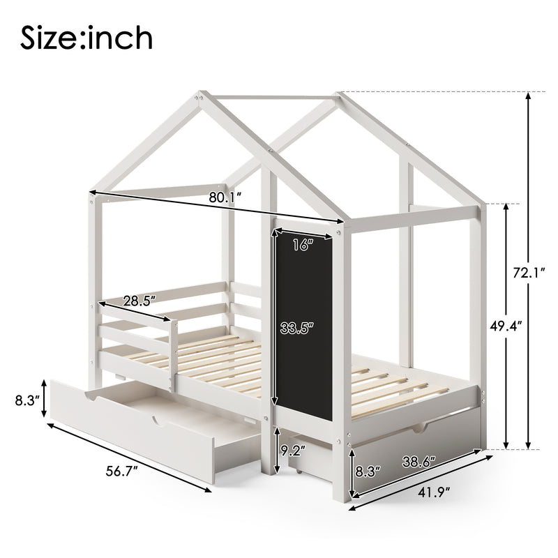 Twin House Bed with Blackboard and Drawers, Two assembly options, White