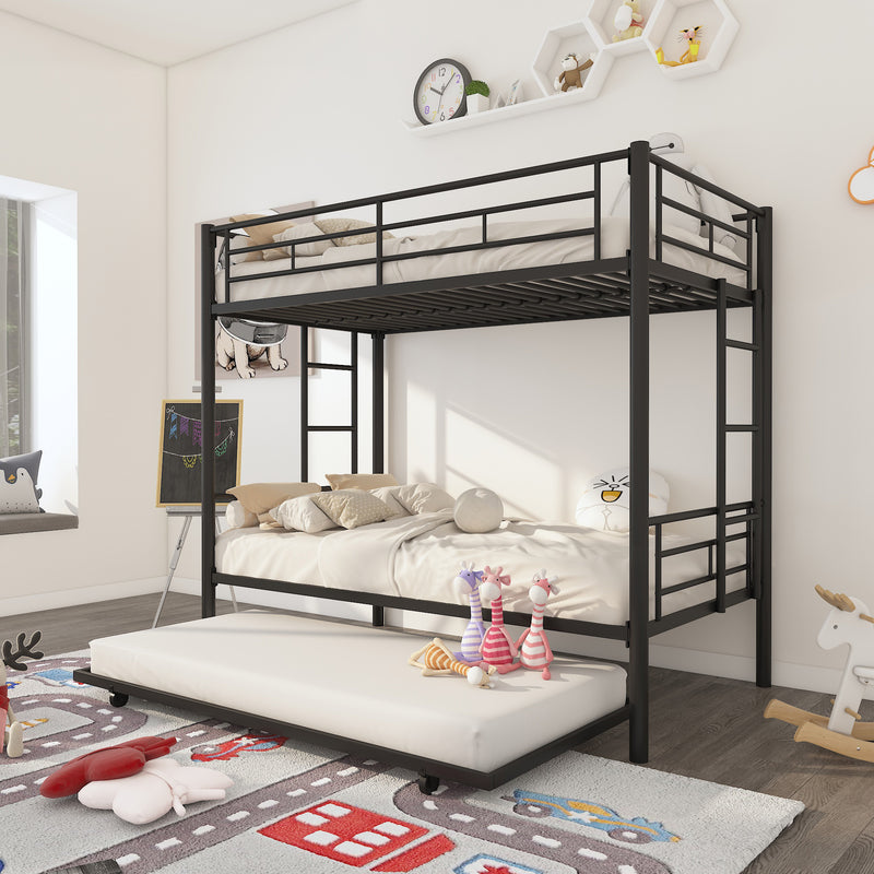 Twin Over Twin Metal Bunk Bed Frame with Trundle（Upgrade reinforcement version）